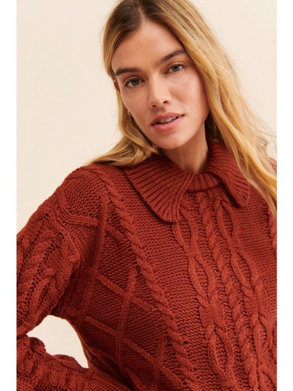Anthropologie En Saison Bourieux Collared Sweater Rust Cable Knit Cozy Fall Wear